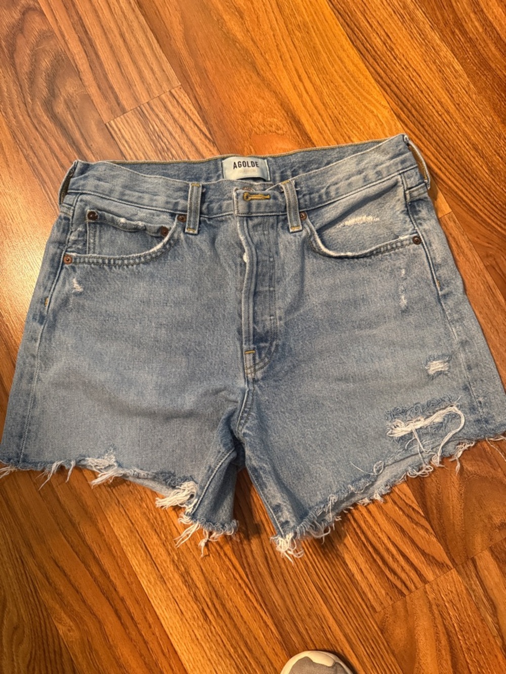Agolde Light Wash Distressed High-Rise Denim Shorts